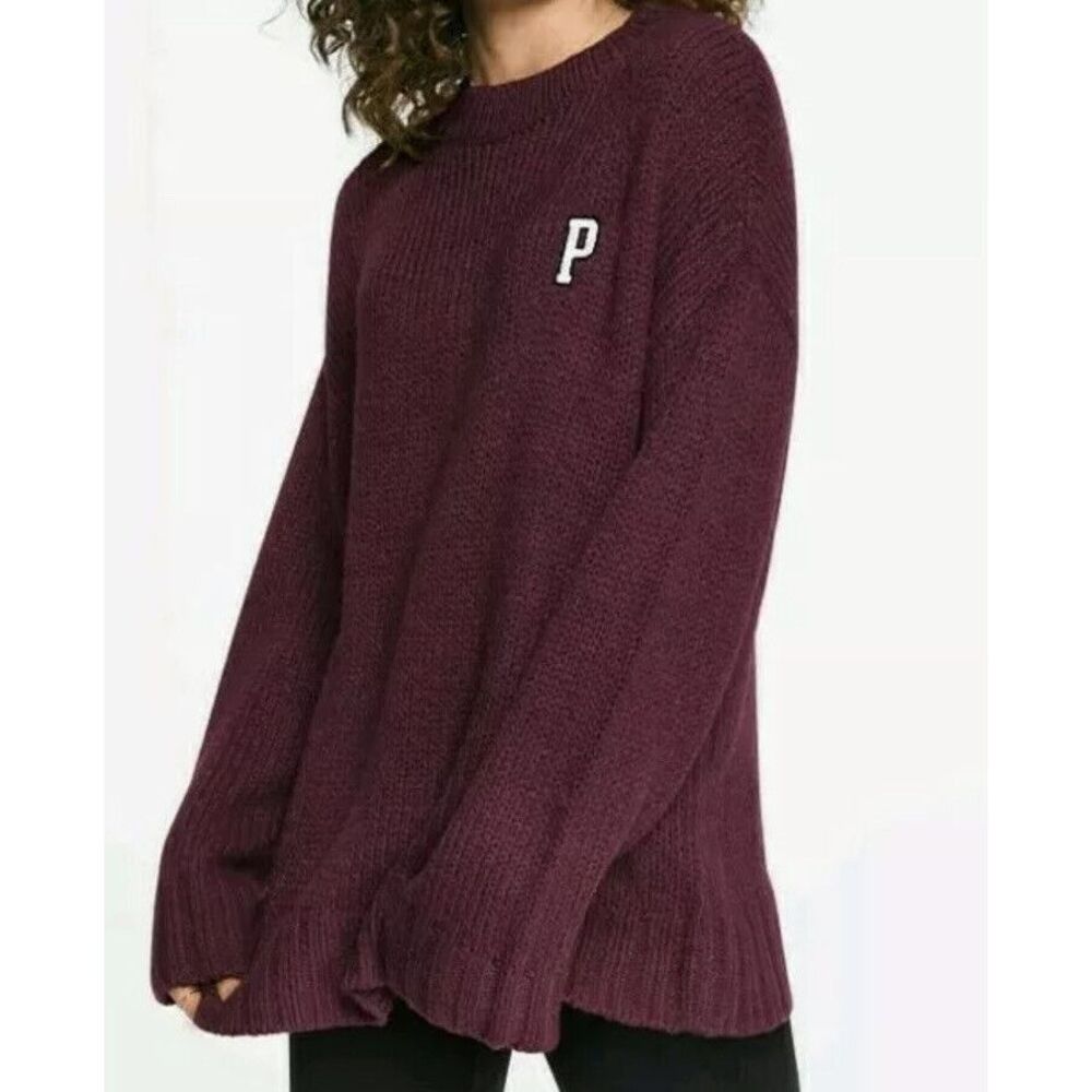 Victoria Secret PINK P Cozy Knit‎ Pullover Crew Neck Sweater Sz L Burgundy